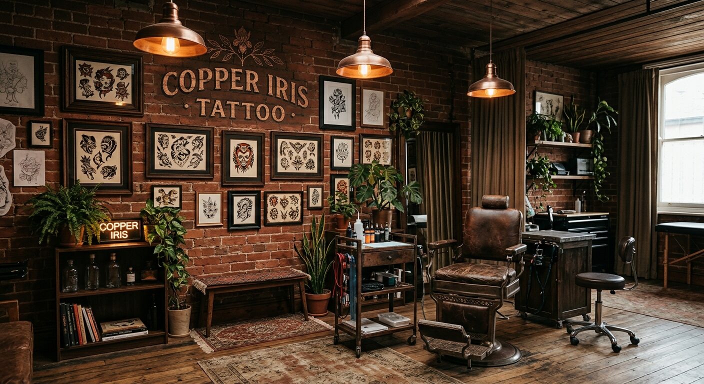 Copper Iris Tattoo interior — a brick wall hung salon-style with framed flash under copper pendant lamps