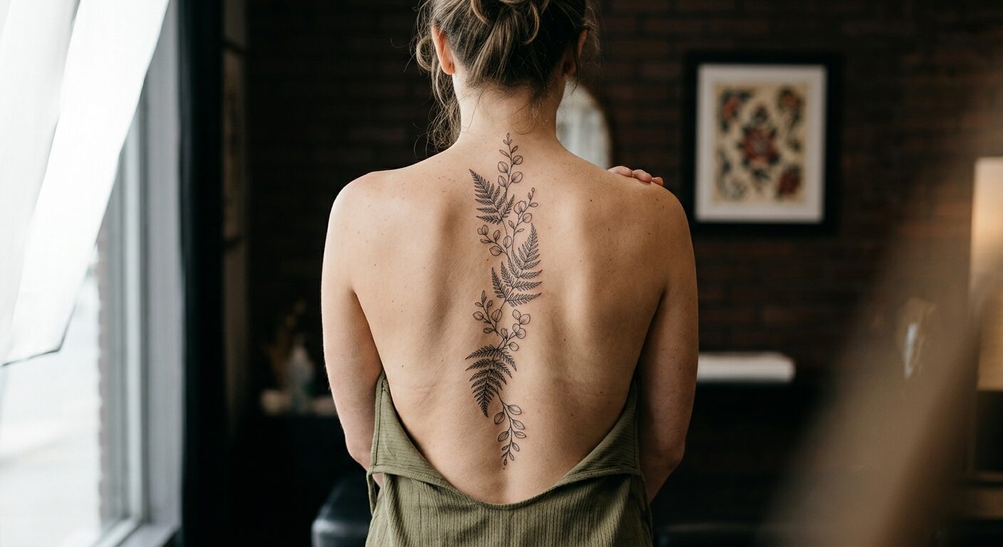 Marisol's fern-spine fine-line tattoo down the back