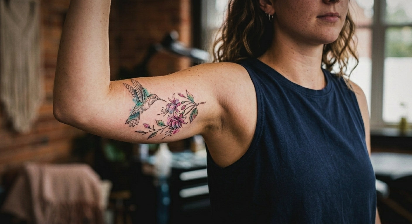Marisol's hummingbird and fuchsia in teal and pink