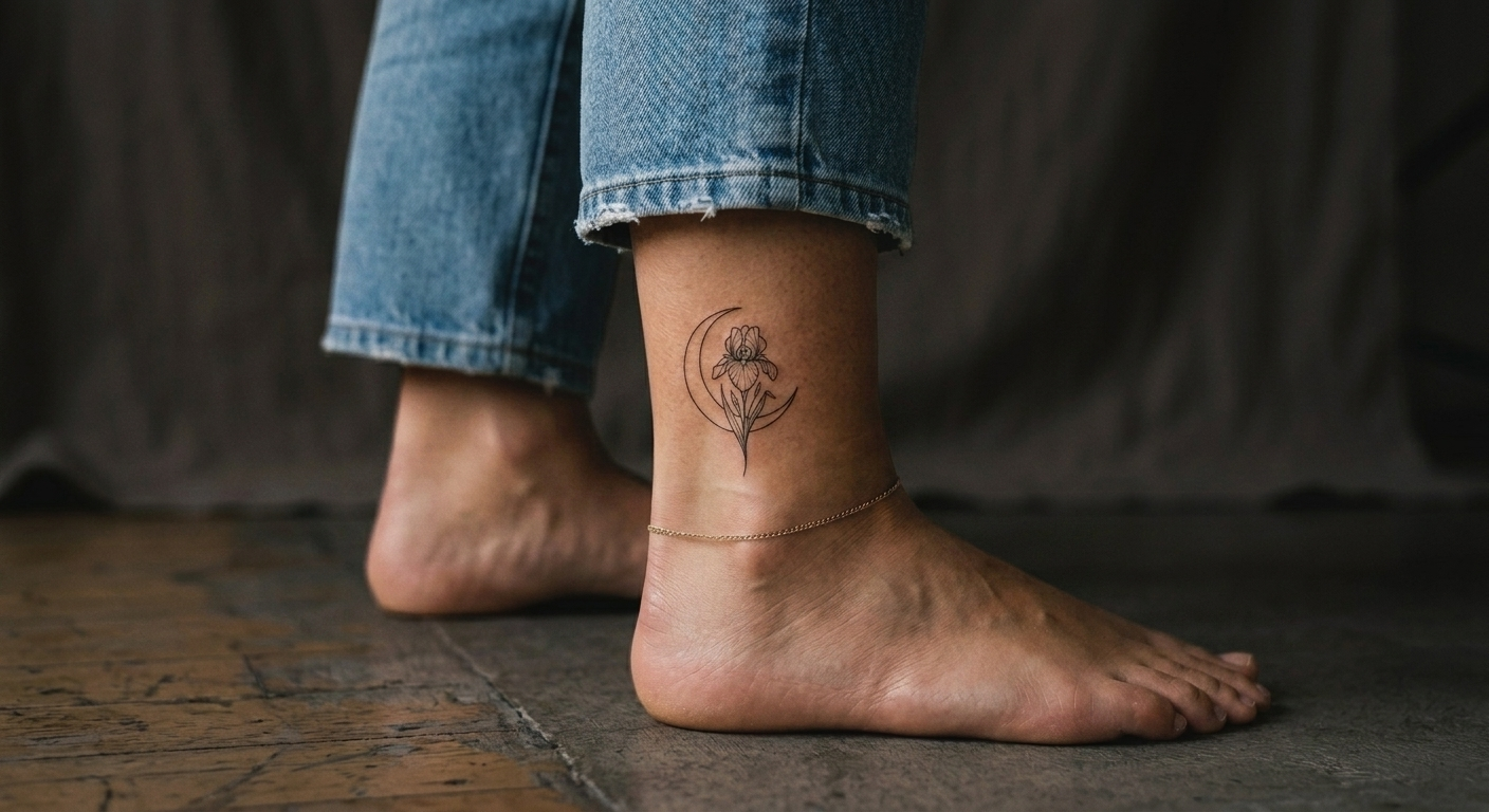 Marisol's small moon-and-iris ankle piece, delicate fine-line
