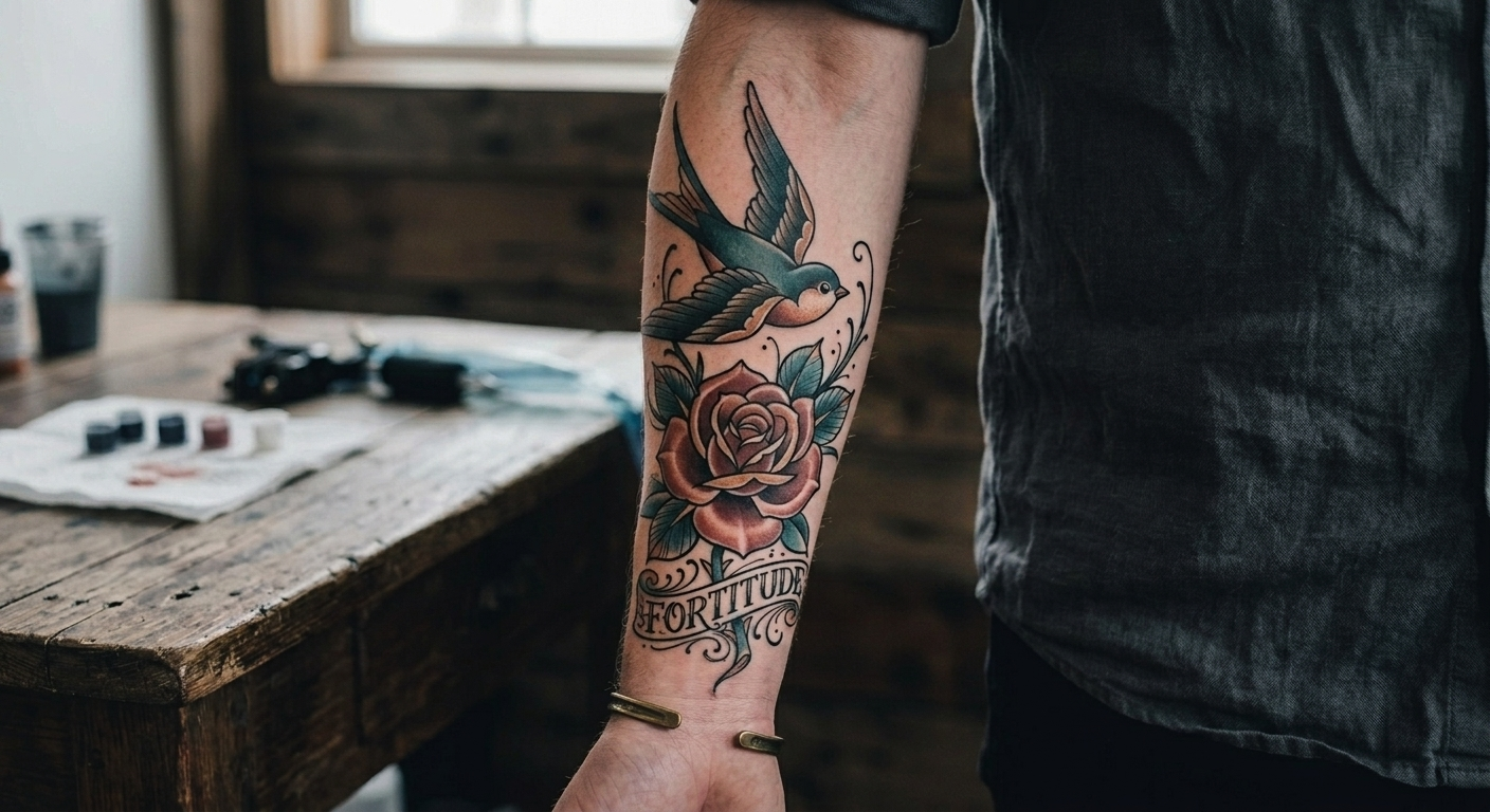 Theo's swallow-and-rose with a FORTITUDE banner, neo-traditional forearm