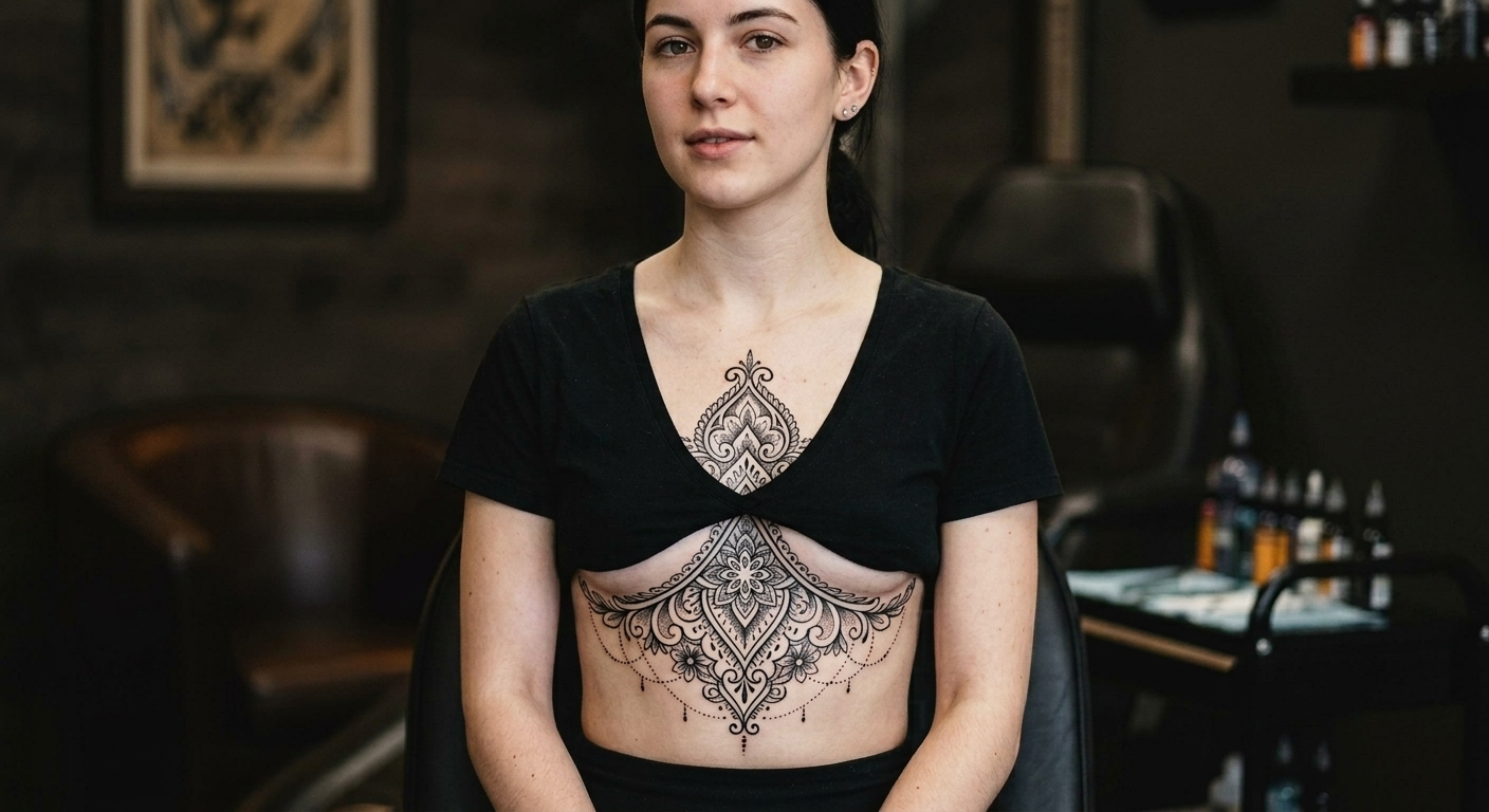 Priya's ornamental sternum mandala in blackwork