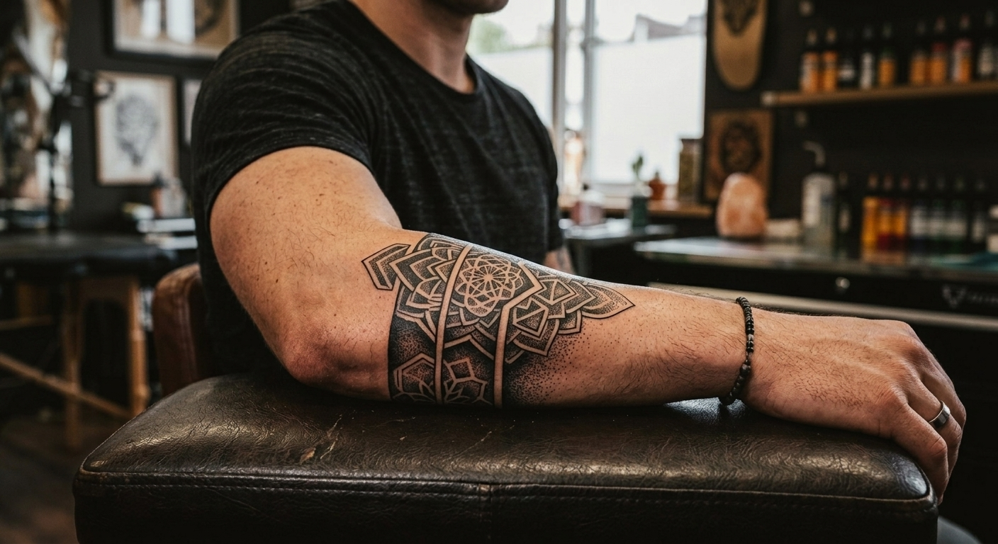 Priya's forearm mandala band in dotwork