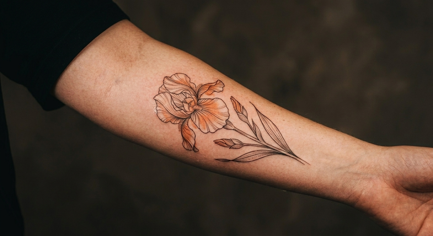 Marisol's copper iris, fine-line color on a forearm