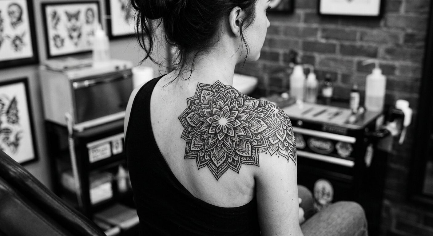 Priya's blackwork shoulder mandala, crisp graphite geometry against brick