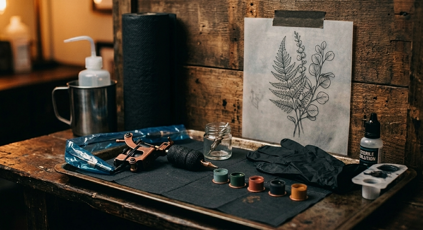 Pigment-craft station: a copper tattoo machine, teal and copper pigment caps, and a botanical stencil on kraft paper.