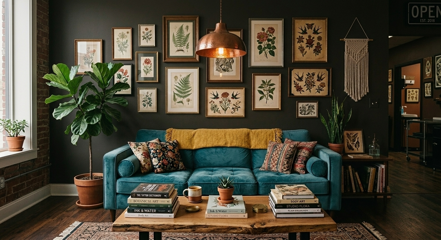 The waiting area — a teal velvet couch beneath a wall of botanical flash