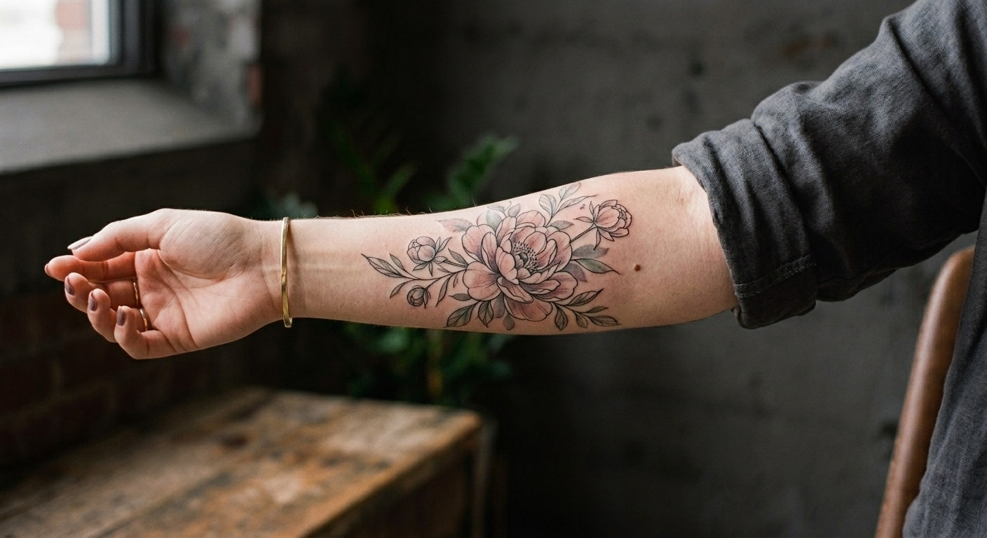Marisol's fine-line peony in soft pink and sage