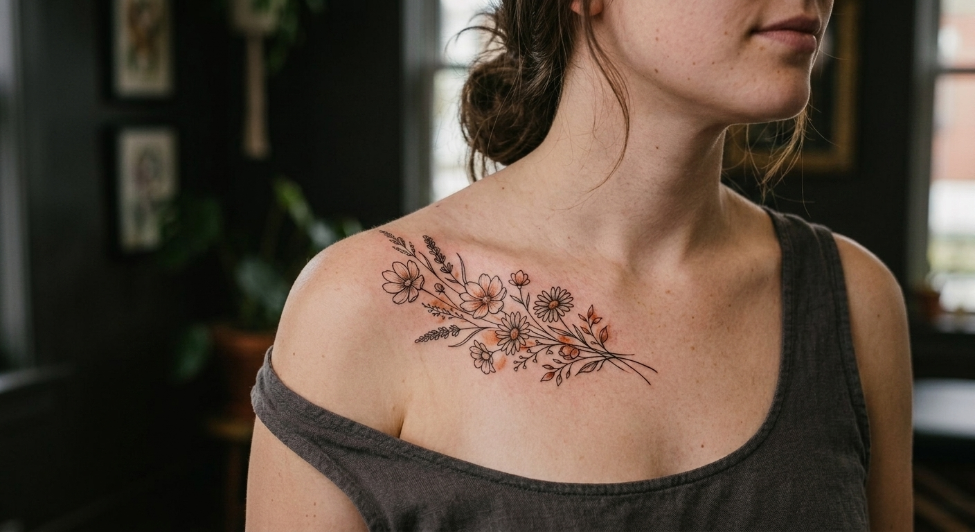 Marisol's wildflower collarbone piece with soft orange accents