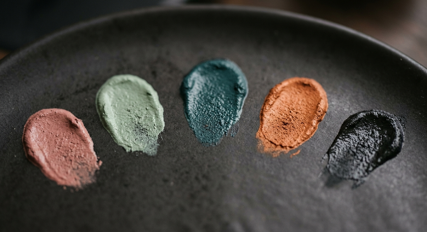Hand-mixed tattoo ink pigment swatches on a charcoal palette