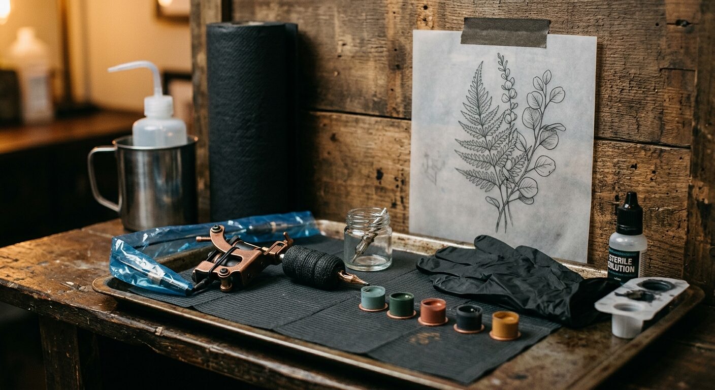 Copper caps of custom-mixed tattoo pigment on a dark tray beside a machine