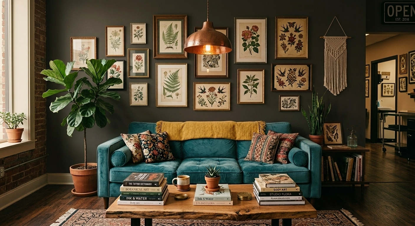 The waiting area at Copper Iris — a teal velvet couch, botanical prints, and plants