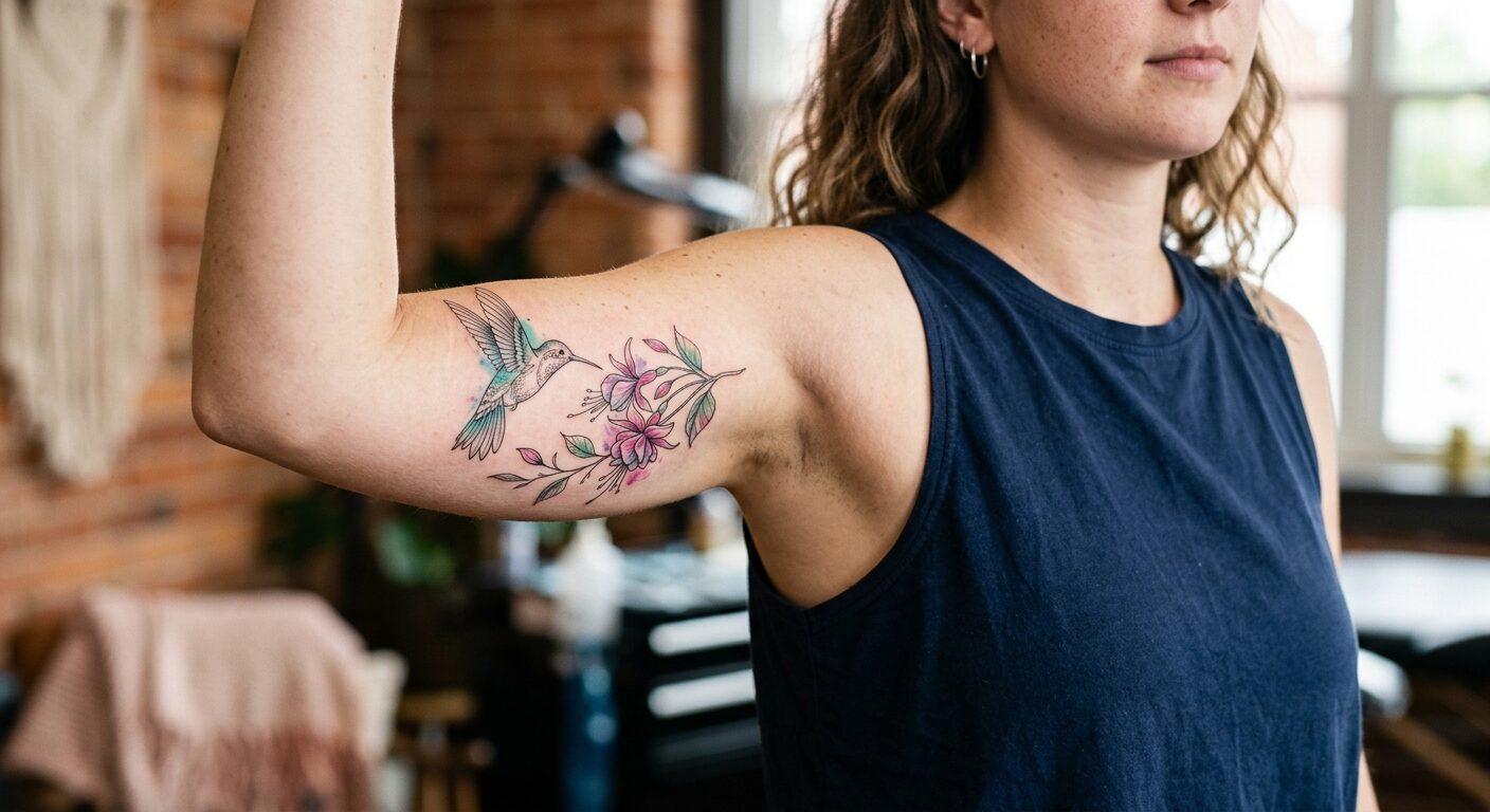 Color hummingbird and flowers tattoo, by Marisol