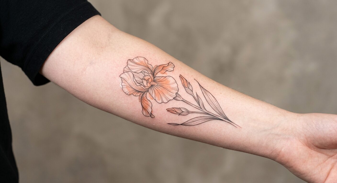Fine-line iris and botanical tattoo by Marisol