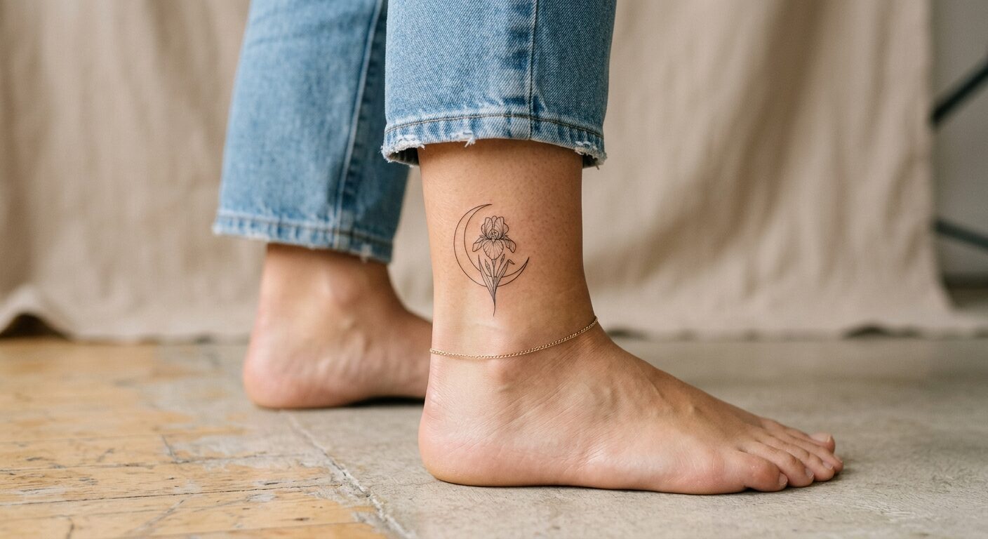 Fine-line moon and iris on the ankle, by Marisol