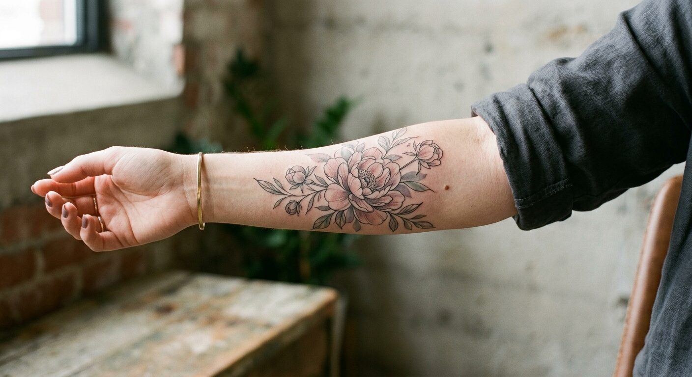 Fine-line peony tattoo on the forearm, by Marisol