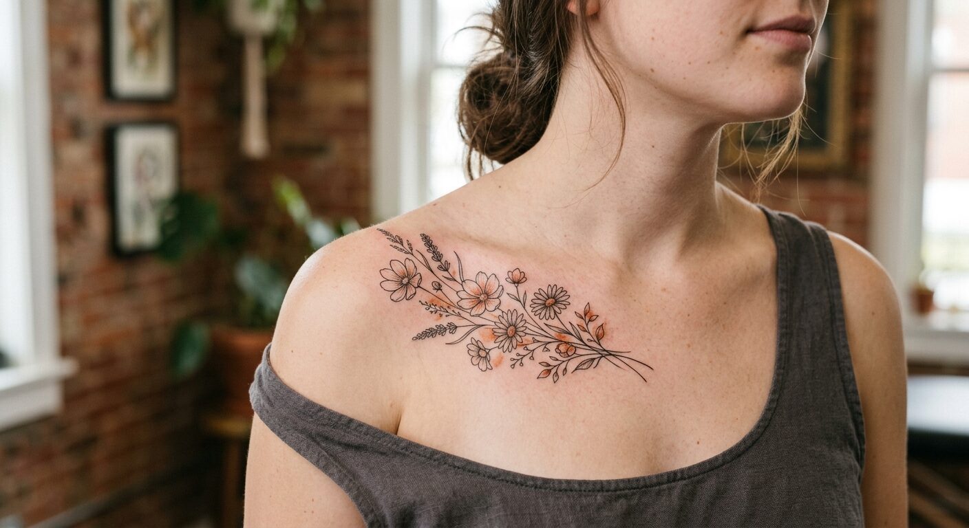 Fine-line wildflowers along the collarbone, by Marisol