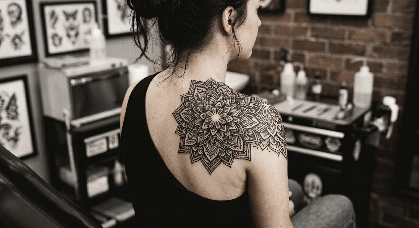Ornamental blackwork mandala across the back, by Priya