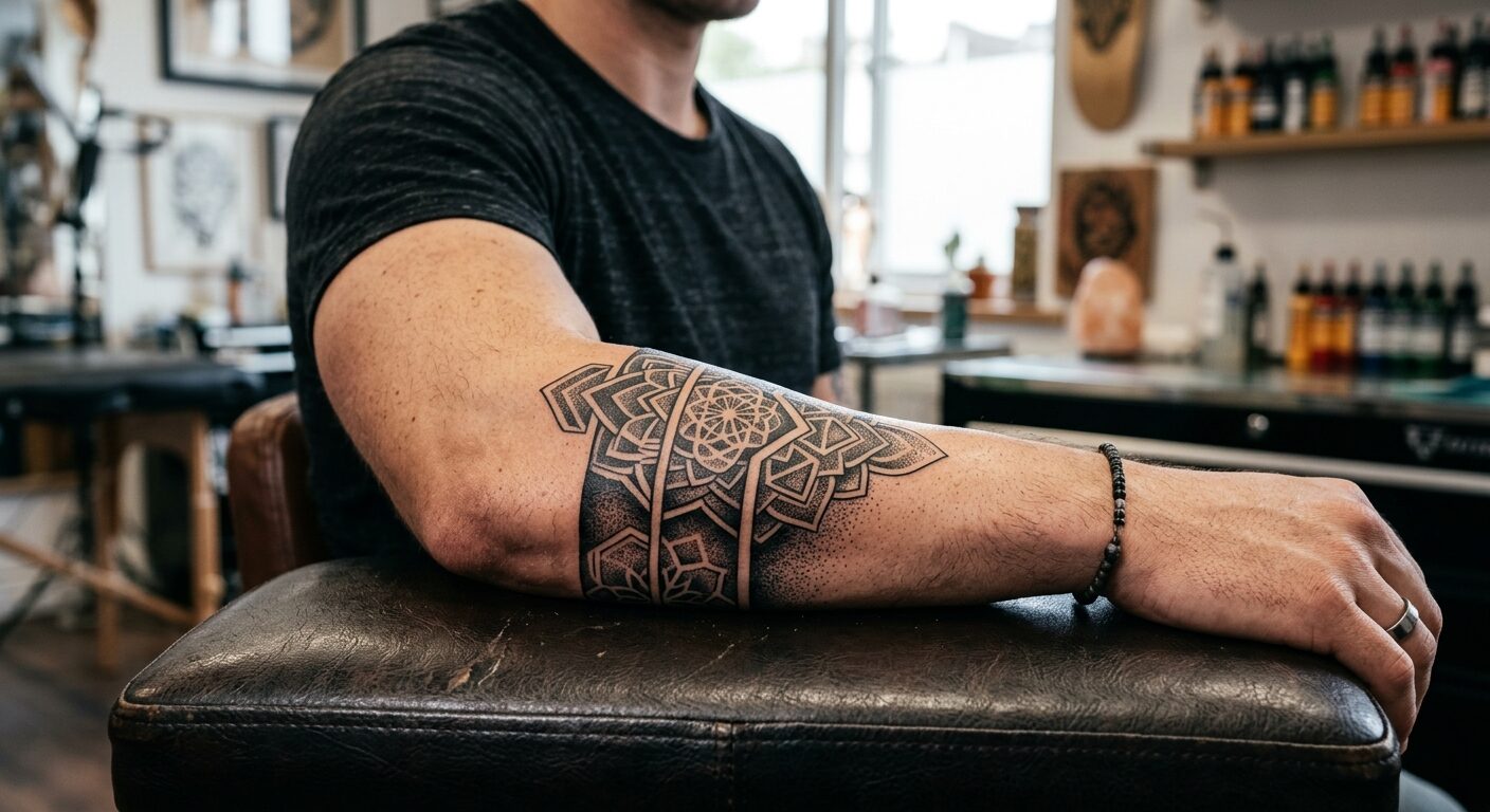 Geometric blackwork mandala forearm band, by Priya