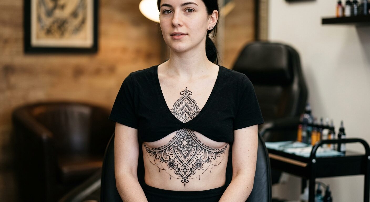 Ornamental blackwork sternum mandala, by Priya