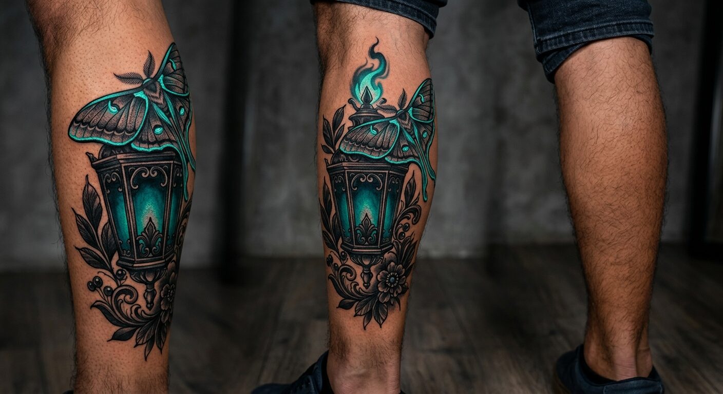 Neo-traditional lantern and luna moth tattoo with glowing teal, by Theo