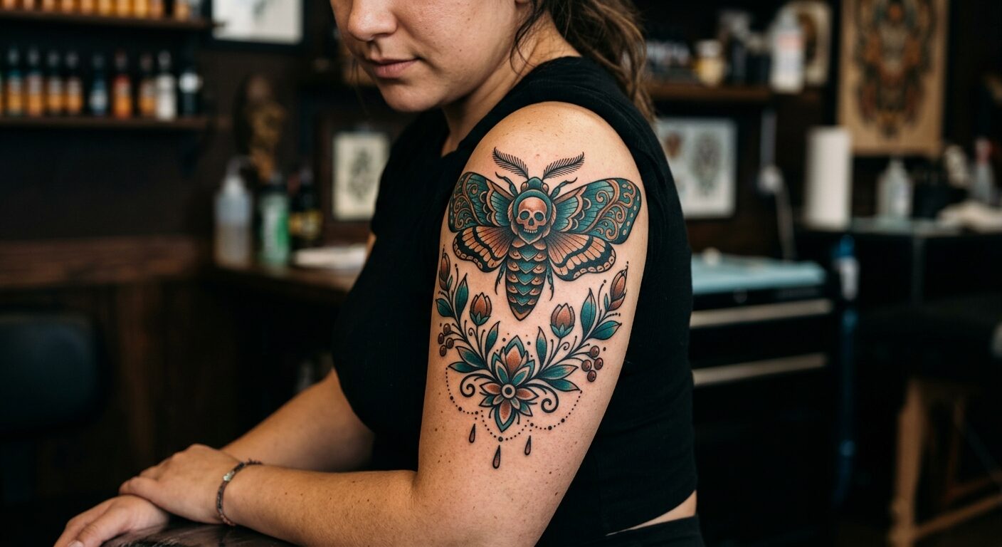 Neo-traditional moth and botanical piece, by Theo