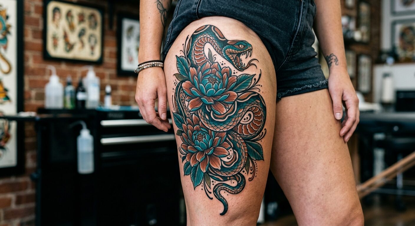 Neo-traditional snake and dahlia tattoo in teal and copper, by Theo