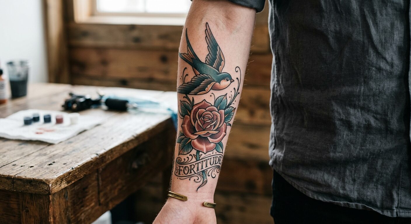 Neo-traditional swallow and rose with banner lettering, by Theo
